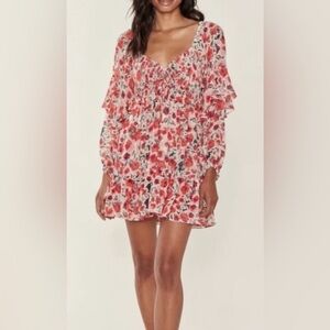 MISA Los Angeles Asra Red Floral Puff Sleeve Dress | US S